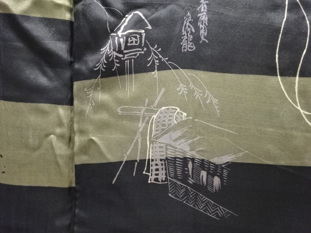  アンティーク　家屋に印籠模様肩裏男物羽織